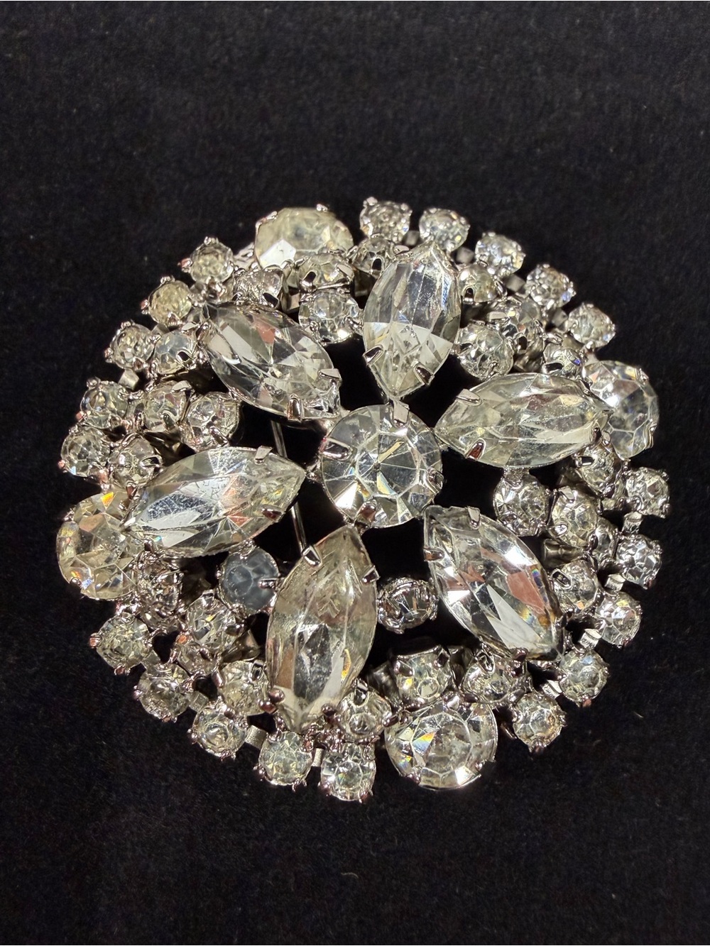 Vintage Clear Rhinestone Brooch 2” Marquise Prong Set Silver Tone Statement